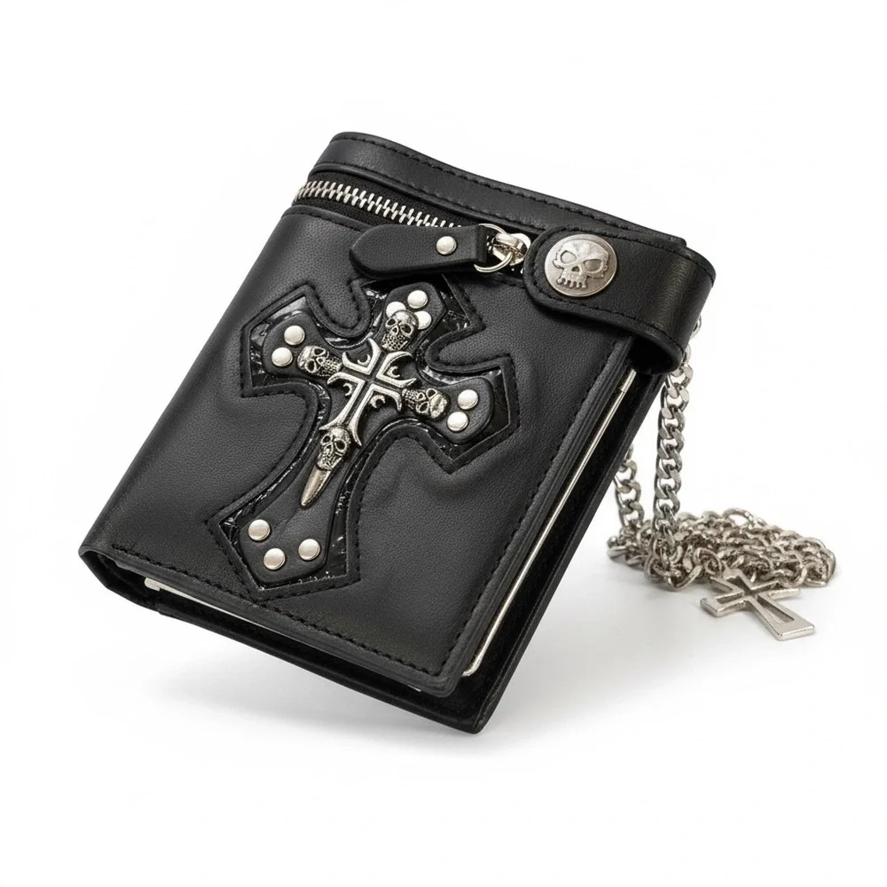 Goth Skull Cross Wallet w/ Chain Black Biker Emo Punk Zip Coin Bill Pocket